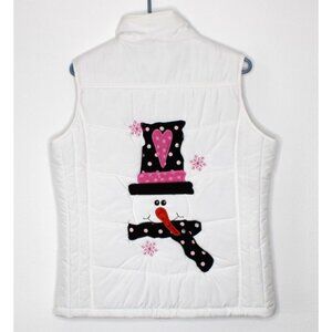 Port Authority Womens Medium White Puffy Vest Full Zip Snowflake Snowman Outdoor